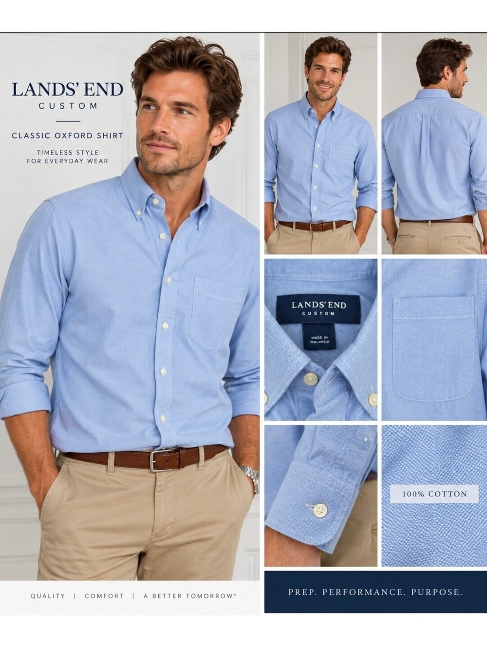 Lands’ End Custom Men’s M Blue Oxford Shirt 100% Cotton Button Down Preppy